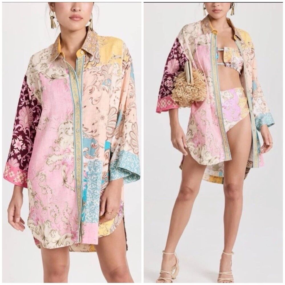 Agua Bendita Chrissy Merzin Colorful Shirt Sz M Patchwork Linen Blend Boho Artsy